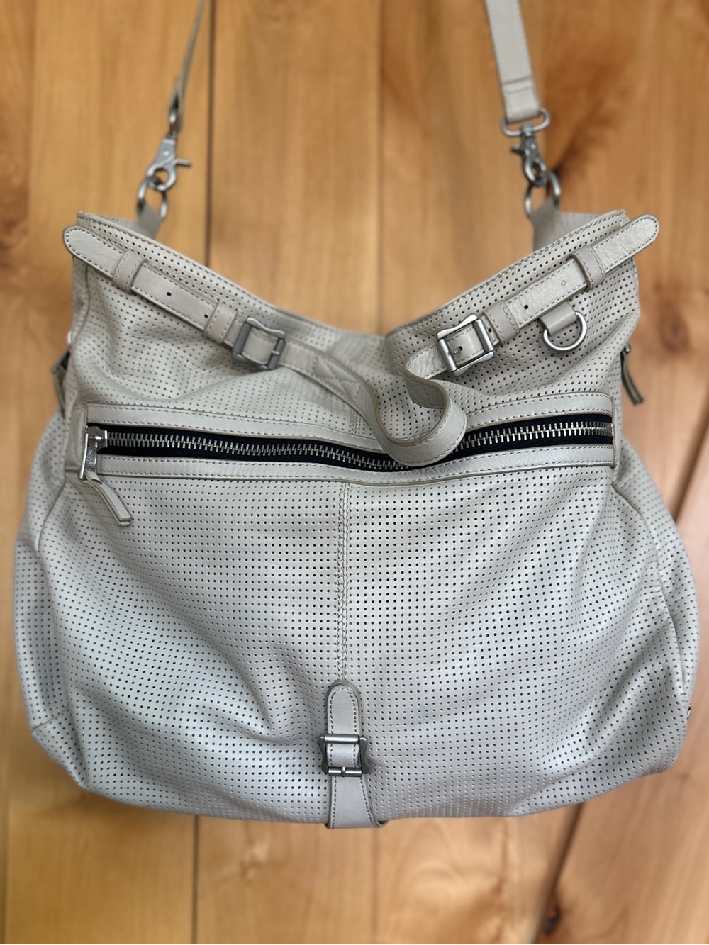 ASH Perforated Off-White Leather Convertible Shoulder Bag Crossbody Hobo